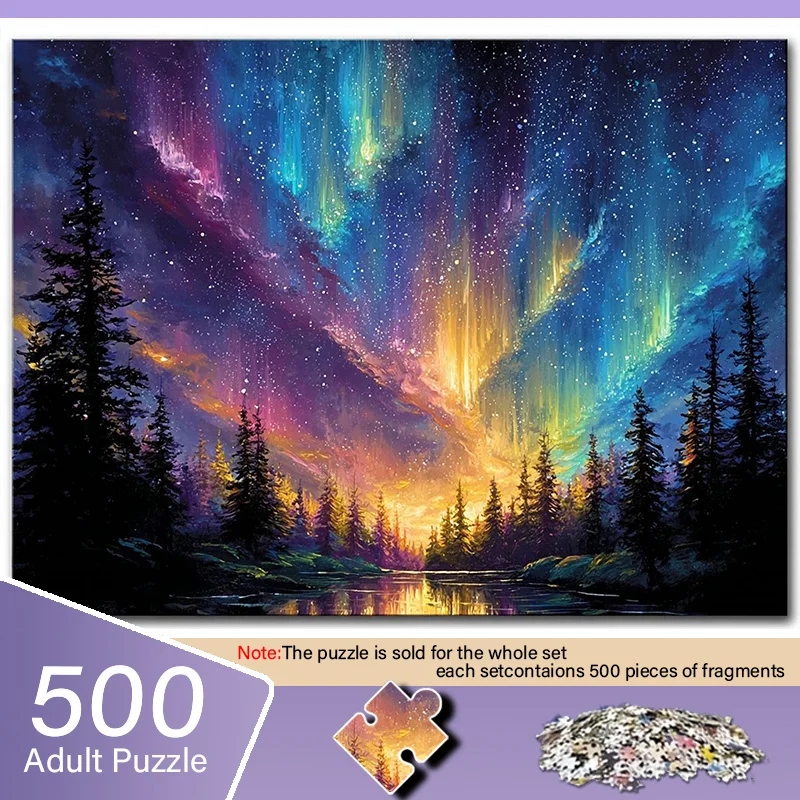 A Box of (A) Adult Puzzles, Featuring a Forest And Lake Design Under The Aurora - Scratch-Resistant, Challenging, Suitable for