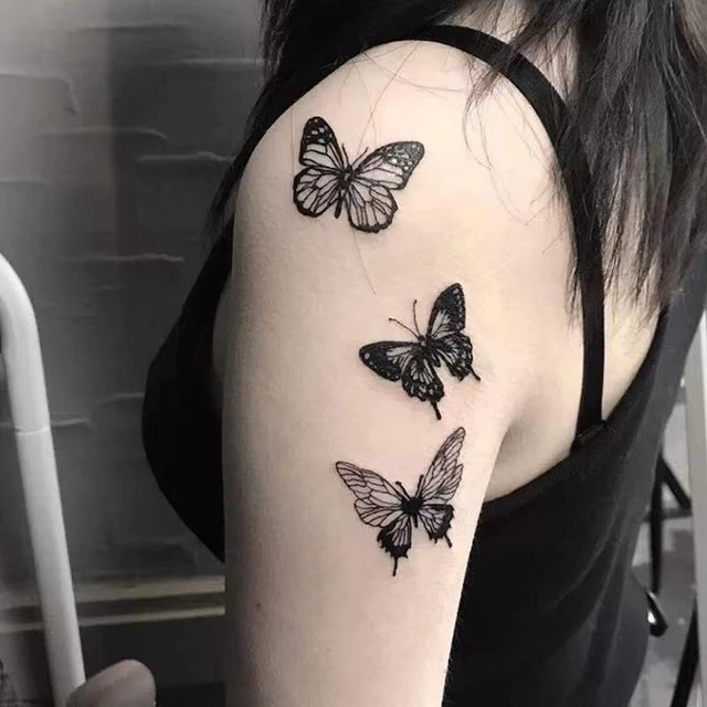 Adesivo de tatuagem temporária, adesivo de borboleta preta sexy, arte corporal, tatuagem de flash falso, tatuagem de mão feminina nas costas - Corano Jóias