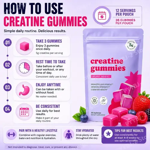 Berry Flavor Sugar Free Creatine Gummies Daily Health Nutrition & Lean Muscle Support，Gluten Free & Non GMO 36 Pieces Per Bag - Image 5