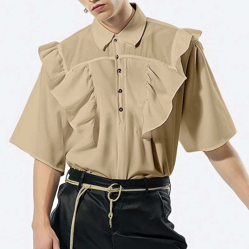 Description Picture 3 of item2024 Men's Shirt Lapel Short Sleeve Solid Color Ruffle Loose Casual Men Clothing Streetwear Summer Fashion Shirts S-2XL INCERUN