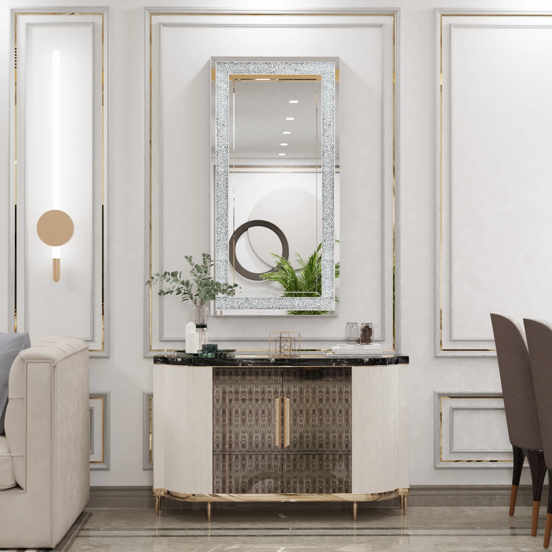 48" x 24" Crush Diamond Wall Mirror Large Decorative Glam Silver Vanity with Beveled Glass Sparkly Crystal Frame Edge 3