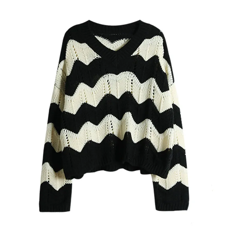 

Женский свитер с вырезами и полосками, свободный женский свитер в Корейском стиле с V-образным вырезом, мягкий вязаный джемпер с длинным рукавом, женские топы