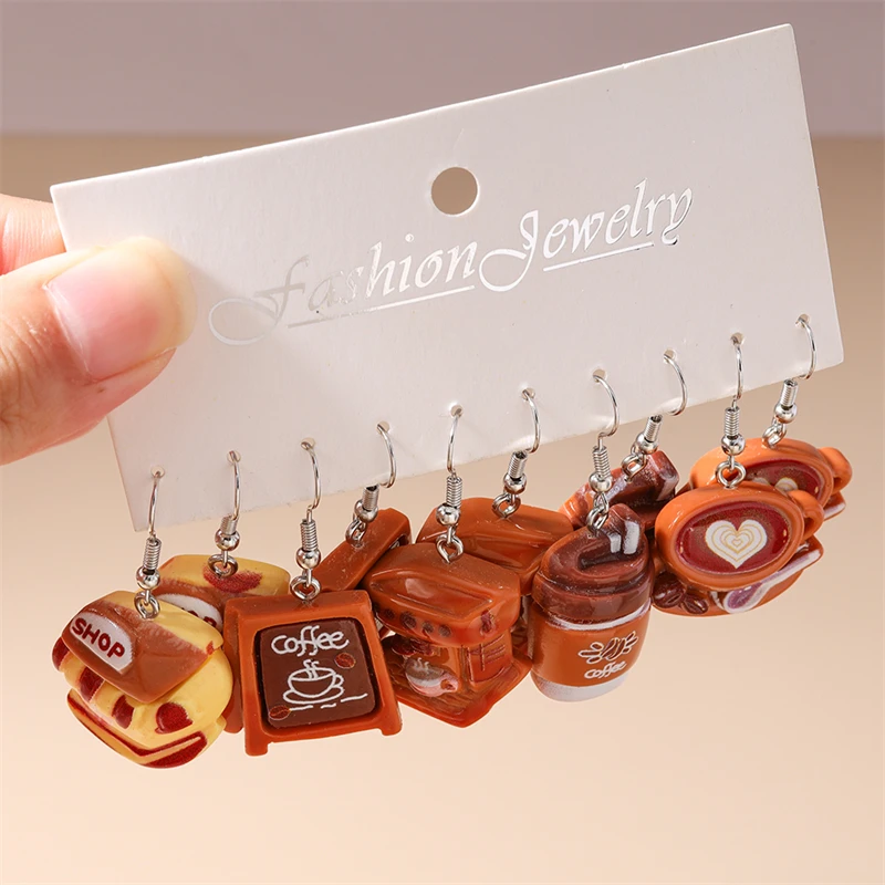 5 Paar/Set Zufällige Niedliche Harz-Ohrringe mit Kaffee-Tropfen-Motiv für Frauen und Mädchen, Sommer-Urlaubsschmuck-Geschenke – Detail 1