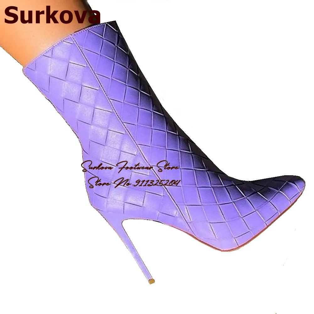 Surkova Lilac Purple Matte Leather Square Braided Ankle Boots Thin High Heel Pointed Toe Plaited Short Booties Zipped Shoes