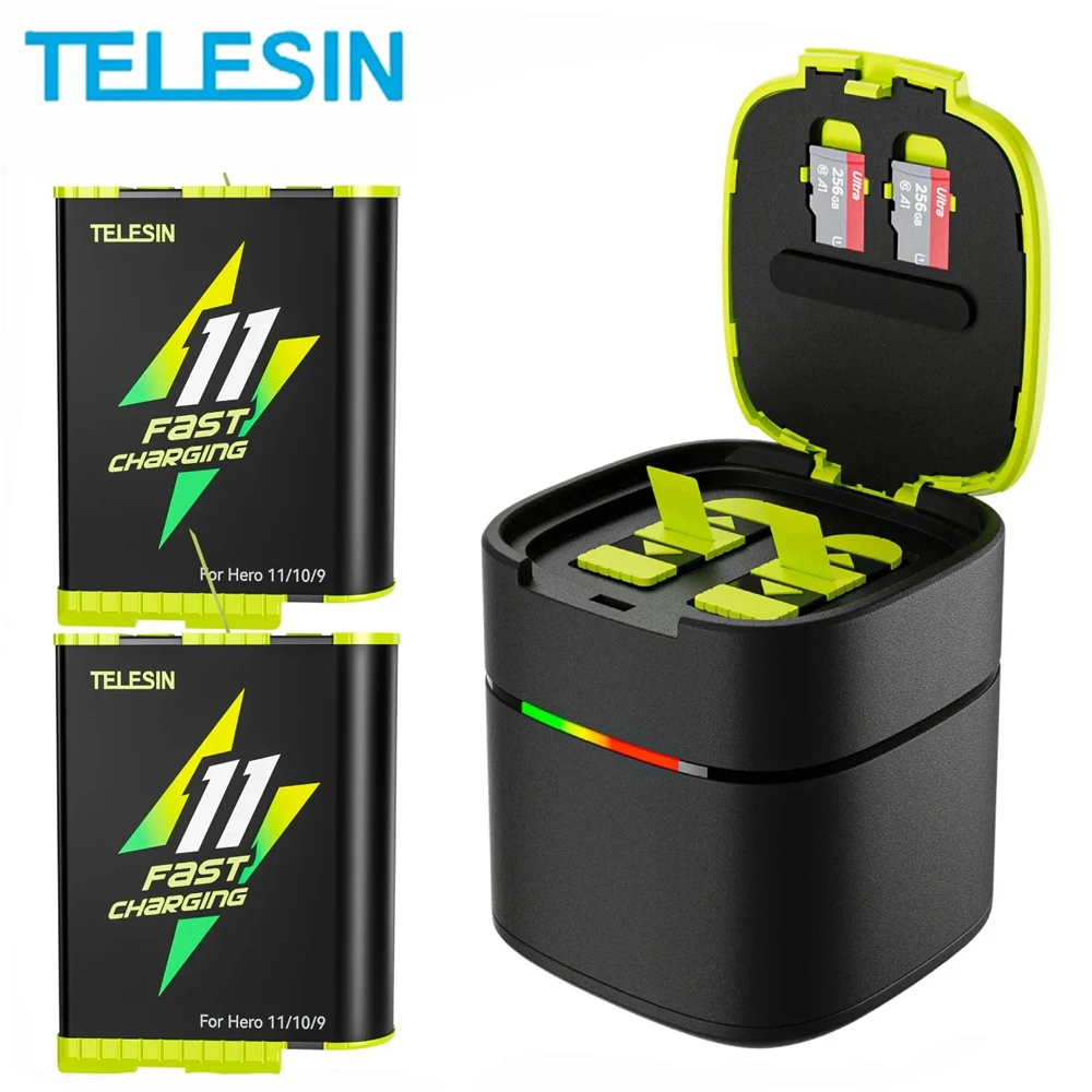 TELESIN 2-Pack Replacement Batteries (1750mAh) with 3-Channel Triple Battery Charger with Type-C Cable for GoPro Hero 9 Black, Fully Compatible with Go Pro 9 Original Charger and Battery