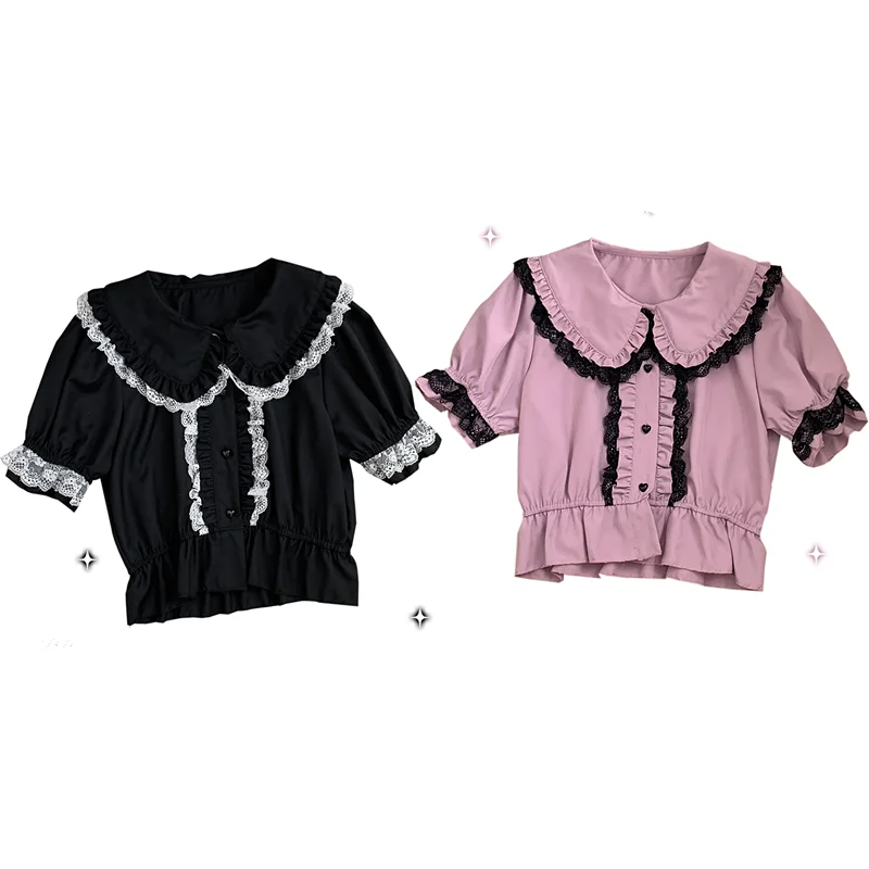 

Japanese Sweet Black Lolita Shirts Woman Summer Cute Short Puff Sleeve Tops Kawaii Ruffles Lace Bow Blouses Chiffon Blusa Mujer