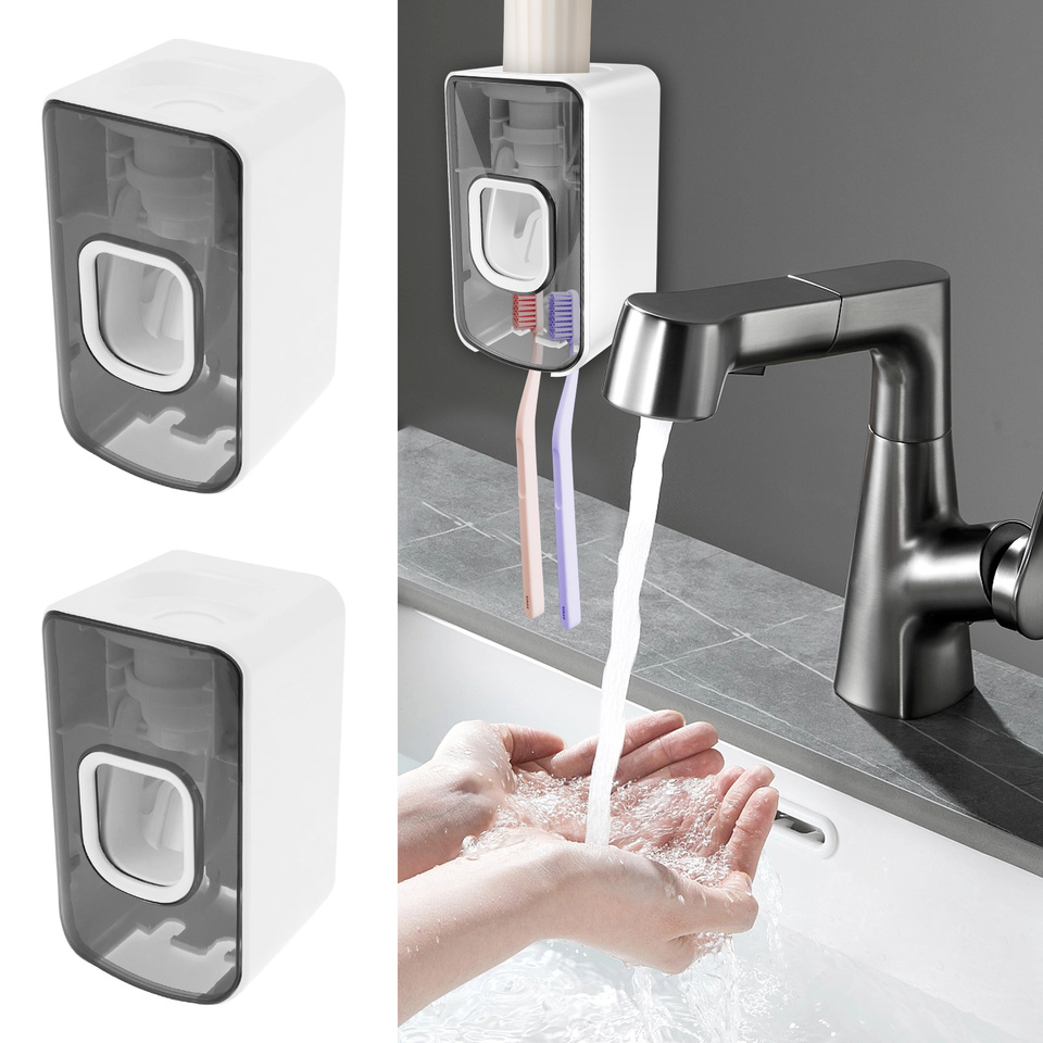 2Pcs Automatic Toothpaste Dispenser Wall Toothbrush Holder Punch-Free Bathroom Toothpaste Holder Wall Mounted Bathroom Accessory