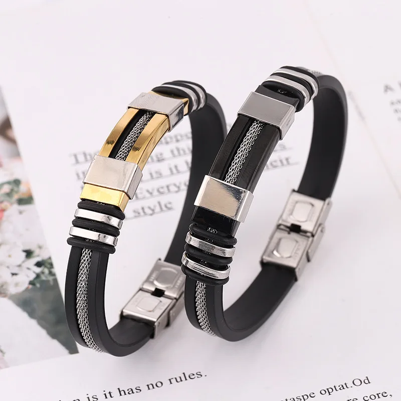 Man Stainless Steel Casual Adjustable Bracelet Waterproof Silicone Bangles Wristband
