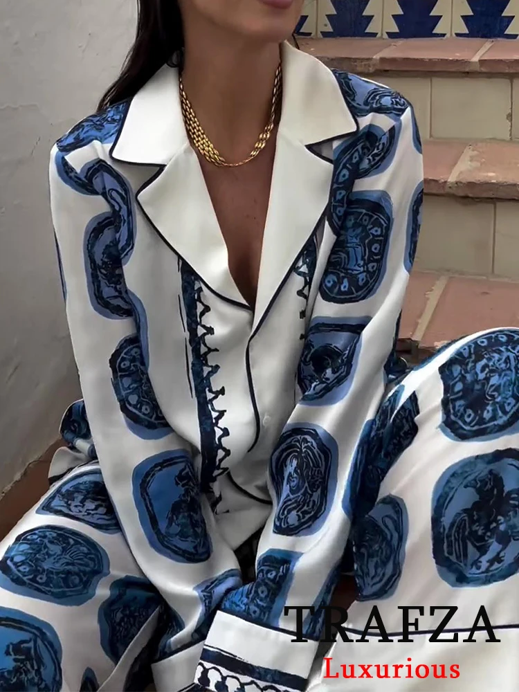 TRAFZA Vintage Casual Print Women Suit Single Breasted V Neck Shirts+Loose Wide Leg Long Pants Fashion 2024 Autumn Women Sets - Image 2