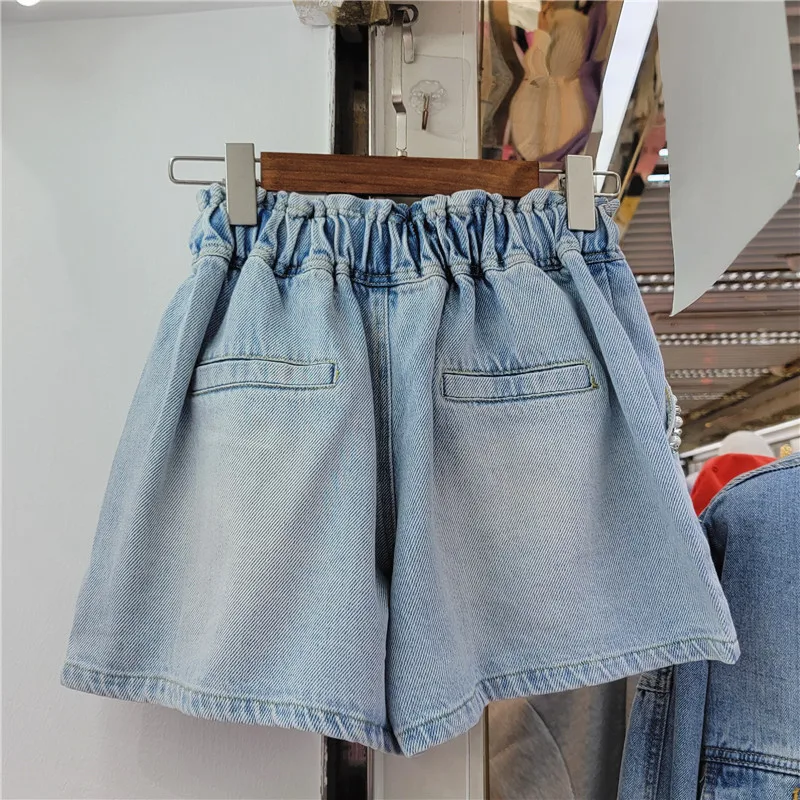 High Waist Slim Wide-Leg Denim Shorts for Women 2024 Summer New Heavy-Duty Diamond-Embedded Beaded Elastic Waist Short Jeans
