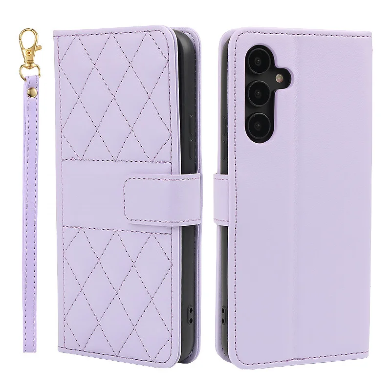Checkered Leather Wallet Case with Lanyard Flip Cover