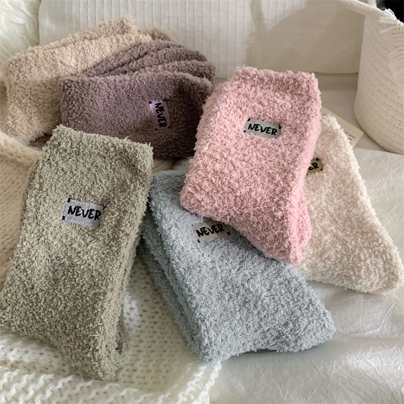 

Winter Women Socks New Casual Solid Color Cute Fuzzy Socks Embroidery Thick Floor Home Warm Socks Kawaii Comfort Calcetines