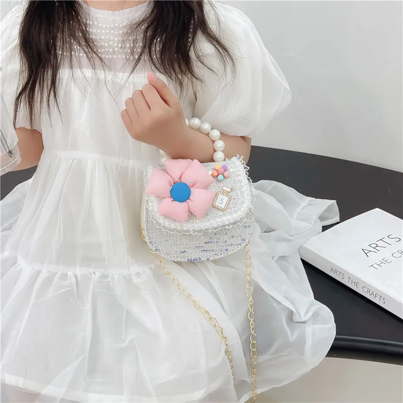Forwe Borsa A Tracolla Per Bambine Con Perle E Fiori - Rosa, Mini Borsa Da Principessa In PU