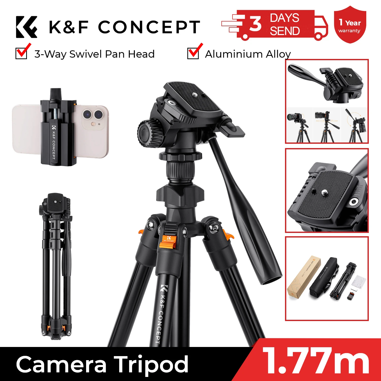 K&F Concept 64inch/162cm Video Tripod Lightweight Aluminum Tripods for Photography Live Streaming DSLR Camera Phone Holder Stand