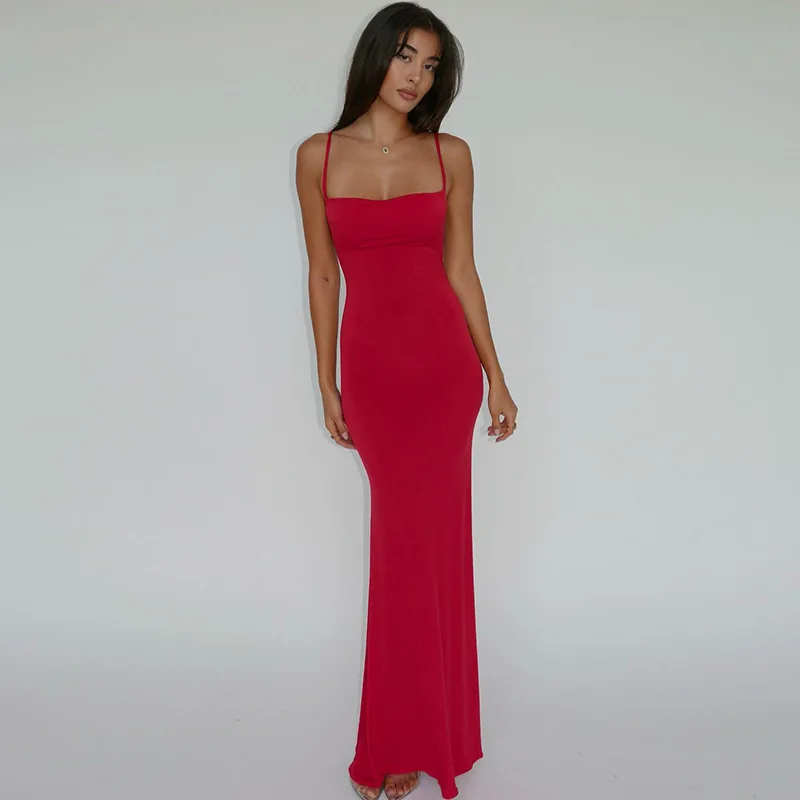 

2024 Spring Ins Style Women's New Sexy Slim Fit Backless Strap Solid Color Dress Women Kokod