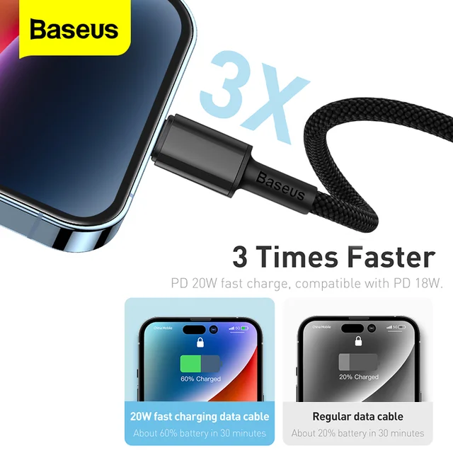 Baseus-Cable USB tipo C para móvil, cargador de carga rápida de 30W, PD, para  iPhone