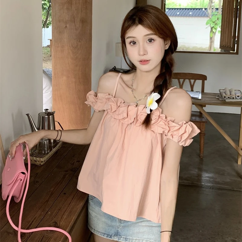 

Slash Neck Halter Blouse Women Summer New Ruffle Solid Color Sleeveless Korean Style Fashion Office Lady Versatile Tops Female