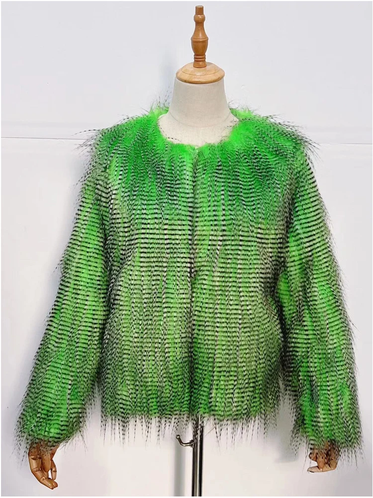 Fashion Slim Fur Jacket Women Faux Fur Peacock Coat Female Long Sleeve O-Neck 2023 Autumn Winter Furry Faux Fur Short Overcoat