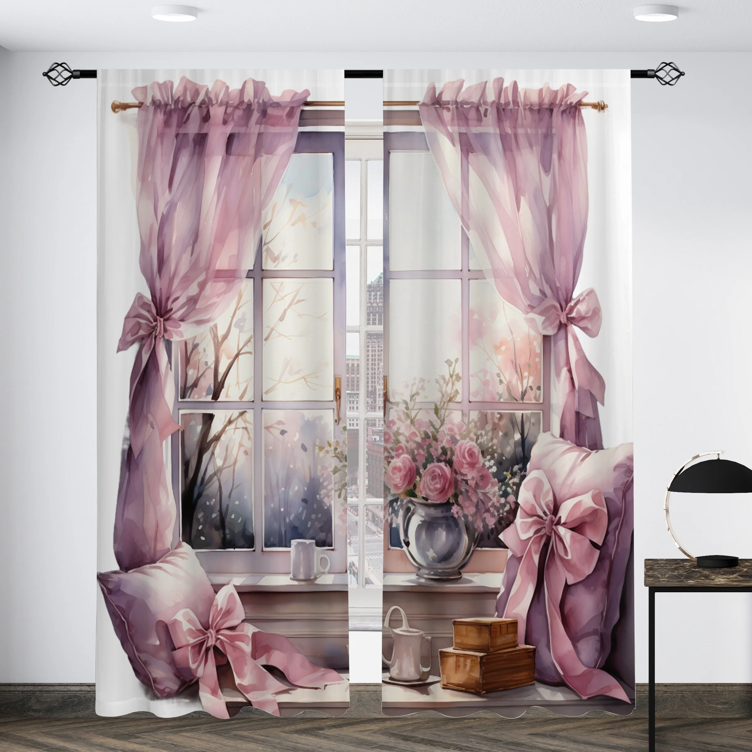 2pcs European Style Retro 3D Printed Translucent Curtains Multi-scene Polyester Rod Pocket Decorative Curtains For Living Room 5