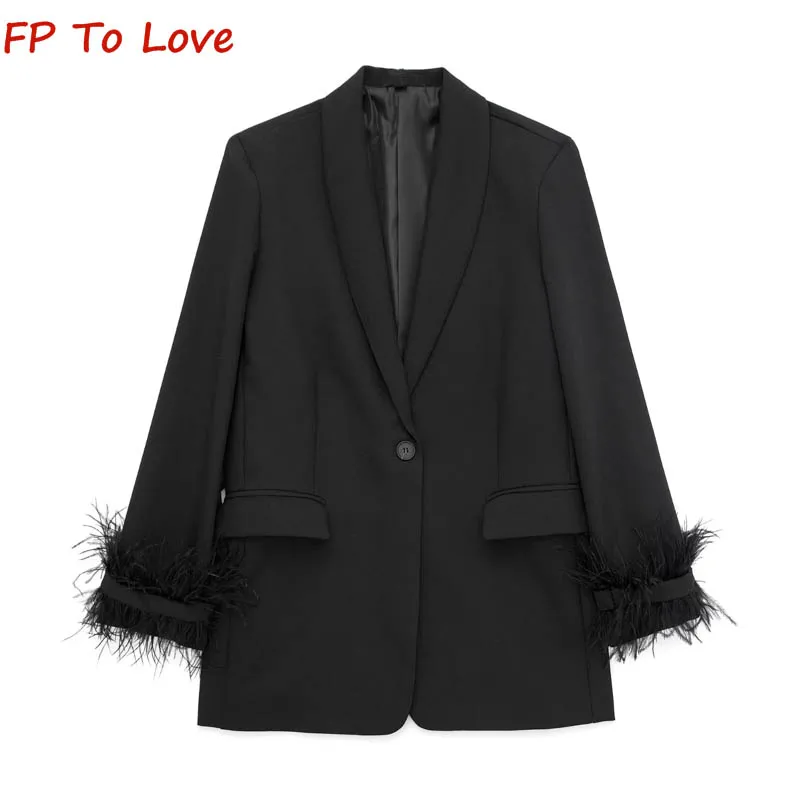 

Spring Autumn White Vintage Style One Button Top PB&ZA Woman Black Pocket Feather Embellished Casual Blazer 2104707