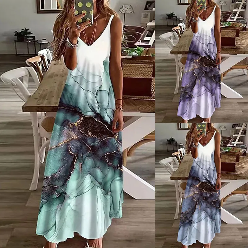 

Women Floral Printed Camisole Dress Summer Casual V-Neck Sleeveless High Waist A Line Zippe Beach Party Long Dress Vestidos
