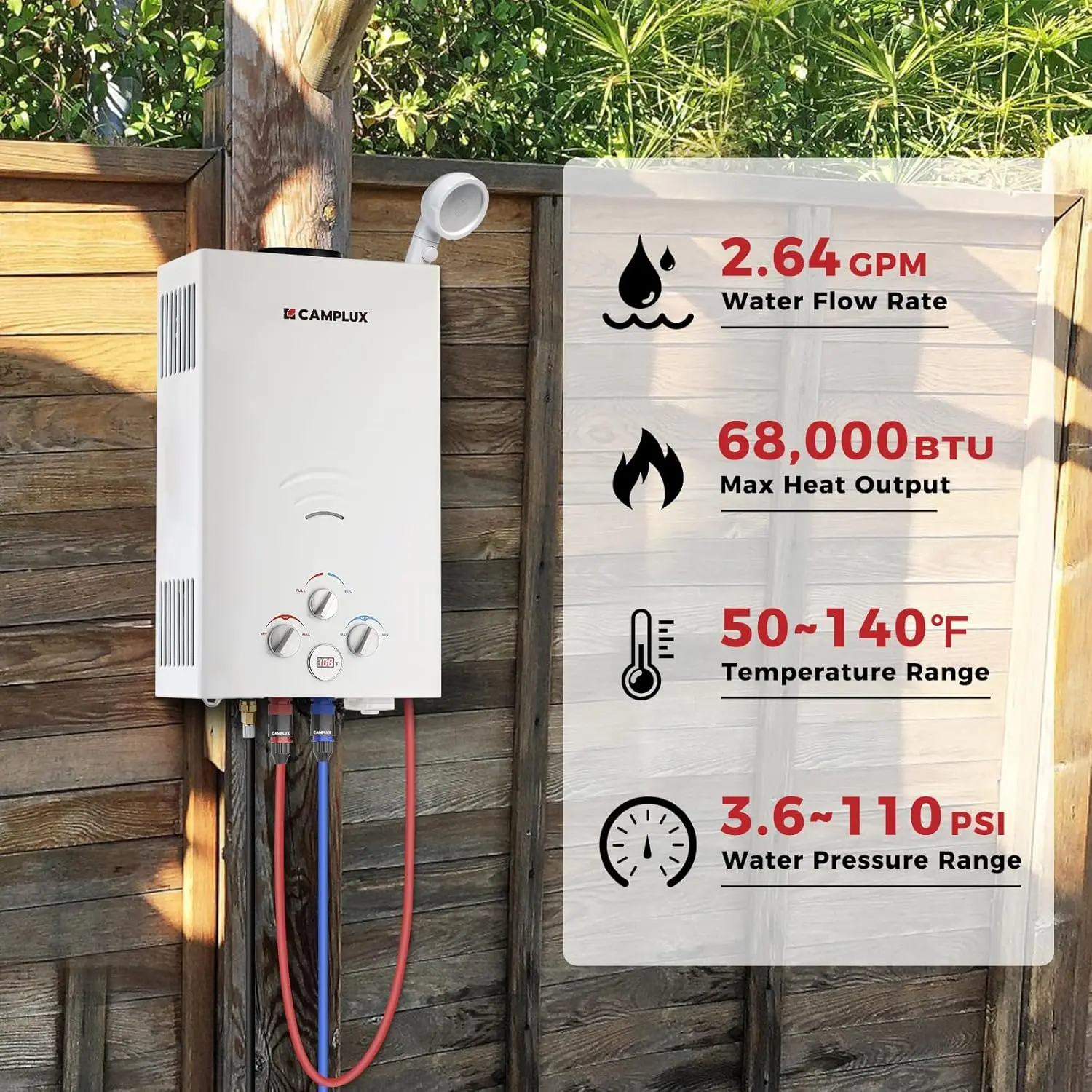 2.64 GPM Propane Portable Gas Water Heater 68000 BTU Outdoor Tankless Camping Water Heater with Digital Display White