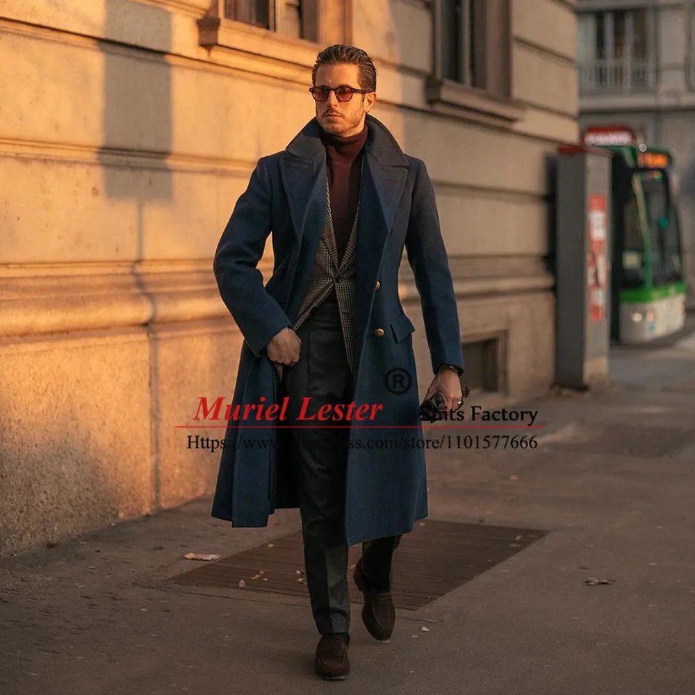 

Мужской двубортный пиджак из твида, темно-синий пиджак из смесовой шерсти, официальная деловая верхняя одежда, мужское платье