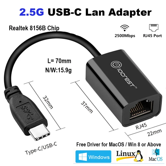 USB C 2.5G Ethernet Adapter, RJ45/LAN to Type C Network Adaptor