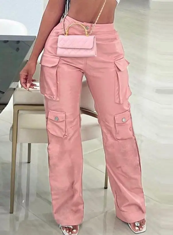 Women's Pants 2023 Summer Fashion Pu Leather Pocket Design Casual Plain High Waist Daily Straight Leg Cargo Pants Y2K Streetwear