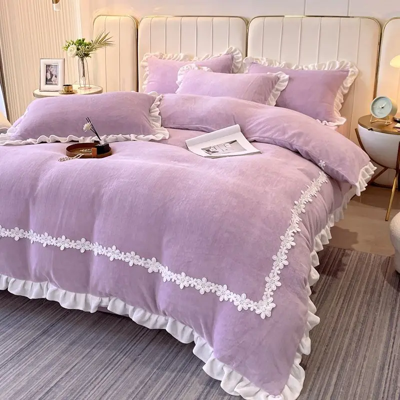 

Winter Warm Velvet Bedding Set Princess Style Plush Duvet Cover Pillowcase Bed Sheet Set Soft Comforter Cover Bed Linens Set