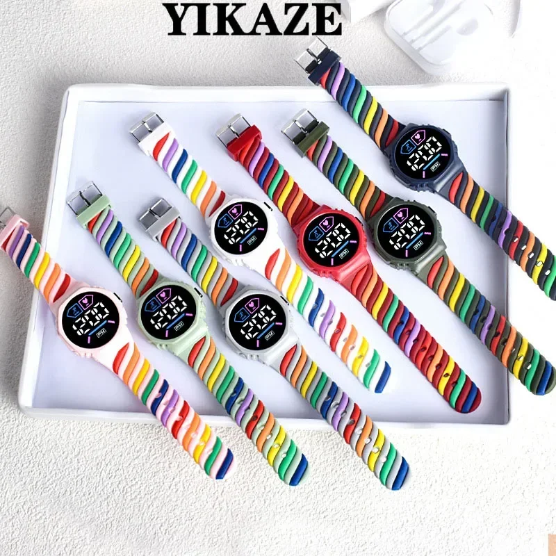 YIKAZE Digital Children Kids Watch Silicone Strap Rainbow Wristwatch Sport LED Electronic Watch for Boys Girls Kids Student Gift