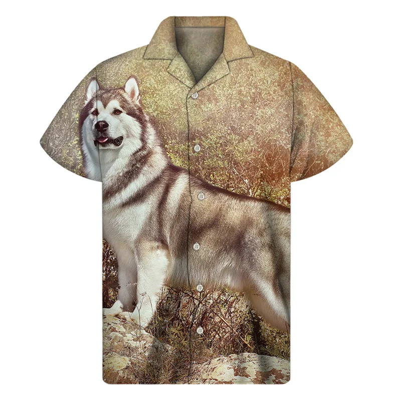 thumbnail image 1 of Camisa hawaiana vintage con retrato de perro para hombre, camisetas de verano de manga corta con estampado 3D de animales y mascotas, camisetas con botones, blusas con solapa, 1 of 5