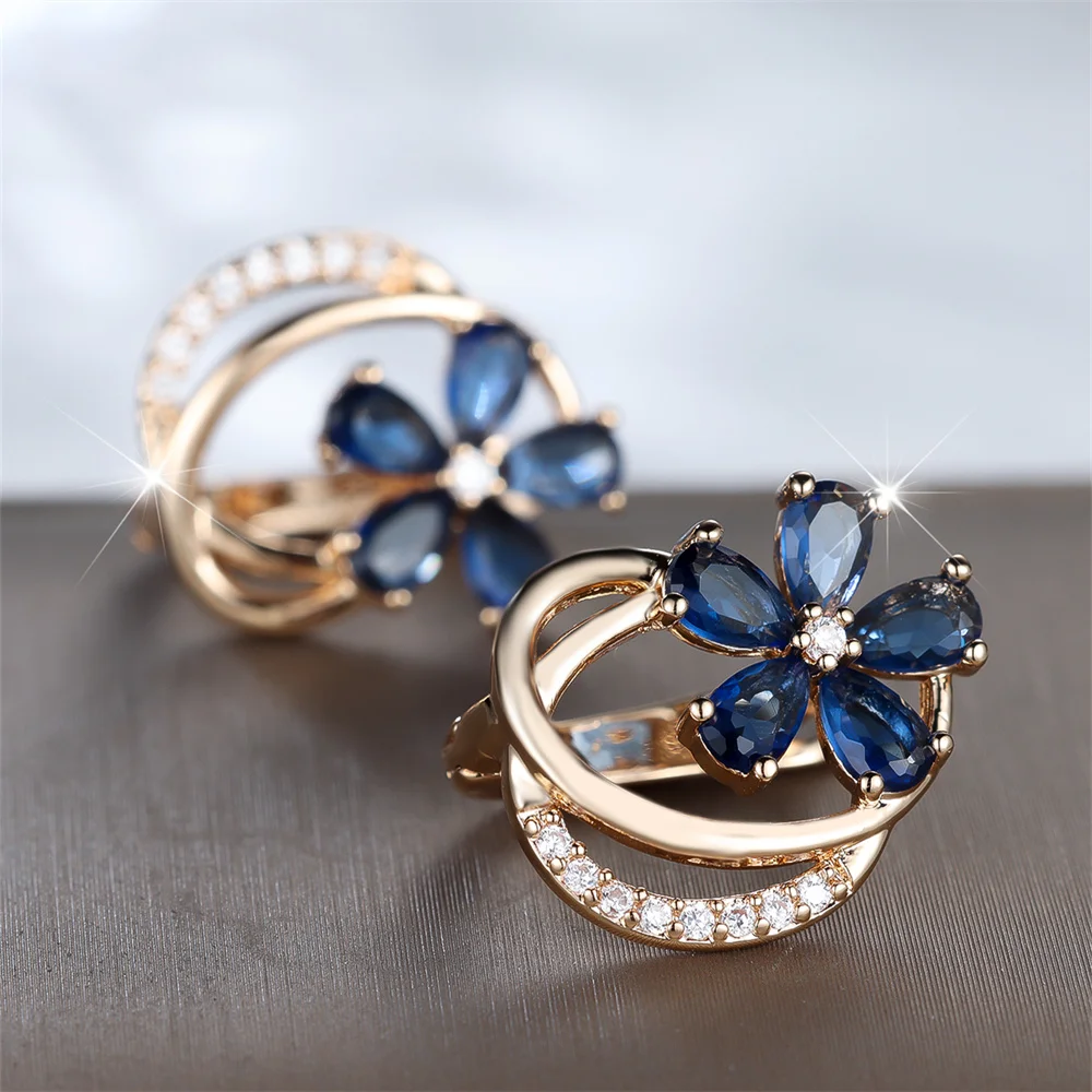 Female Cute Flower Blue Crystal Geometric Hoop Earrings For Women Vintage Gold Color Ear Buckle Wedding Jewelry Engagement Gifts
