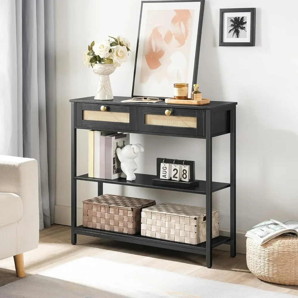 Rattan-Like Narrow Console Table with 2 Drawers, 31.5-Inch Sofa Table with Storage, for Hallway and Foyer 3