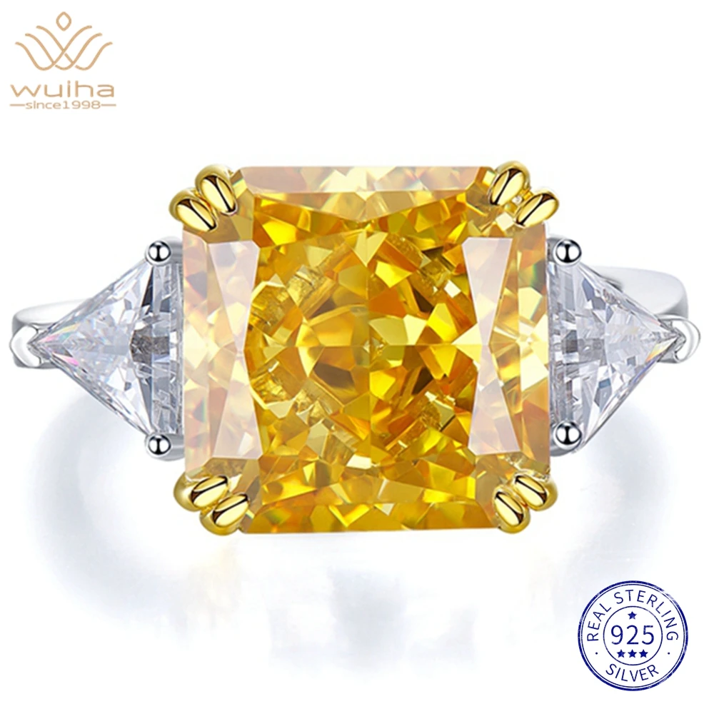 

WUIHA 18K White Gold 5CT 10*10MM Yellow Sapphire Faceted Gemstone Ring Engagement Gift 925 Sterling Silver Jewelry Drop Shipping