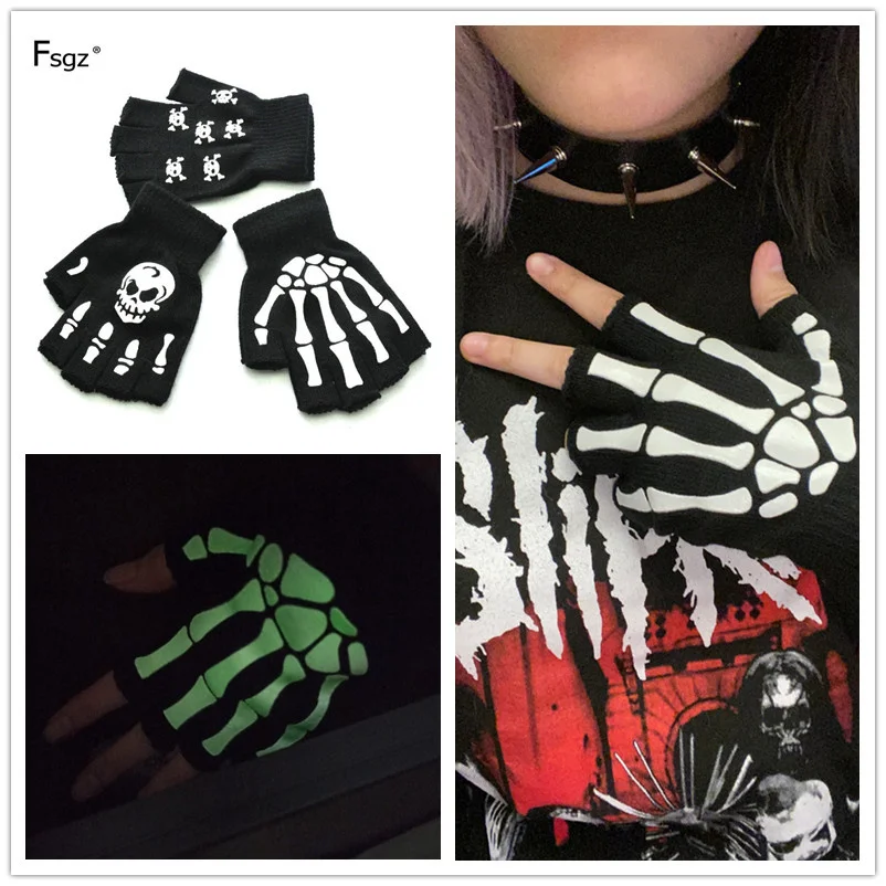 Warm Knitting Fingerless Gloves for Adult Half Finger Glove Human Skeleton Head Gripper Print Cycling Non-slip Wrist Gloves cycling gloves fingerless gloves half finger gloves fingerless gym gloves
