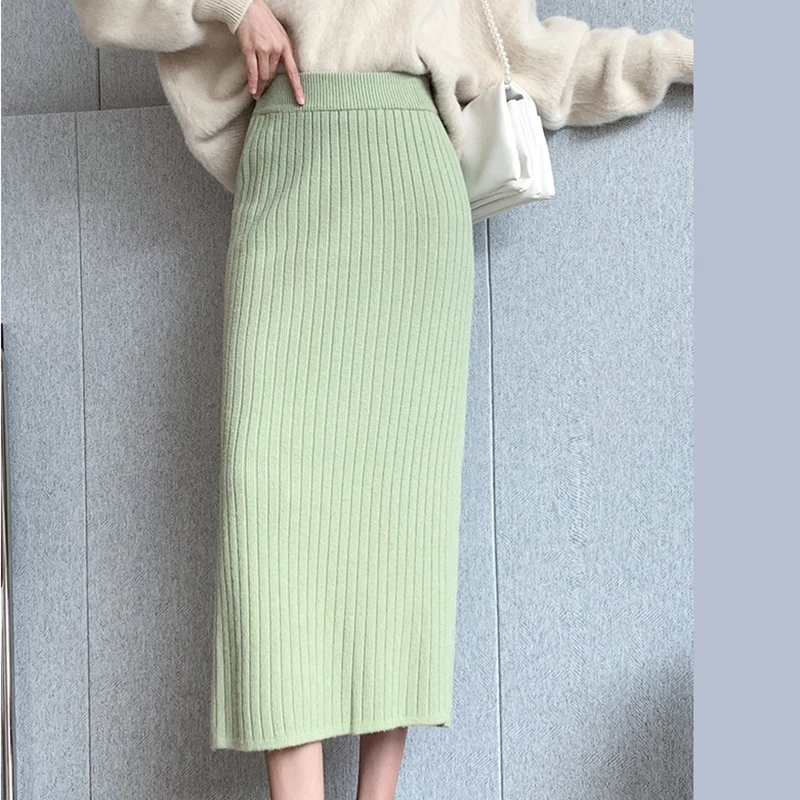 

Autumn Winter Elastic High Waist Pencil Skirt Women Knitted Skirt Womens Slit Midi Skirts For Woman Bottoms Falda Larga Mujer