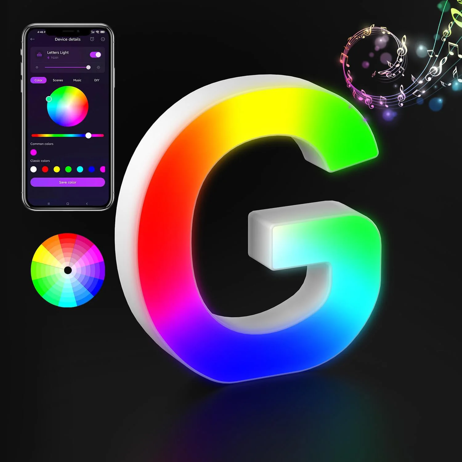 Illuminated Glitter Alphabet LED Light with Color-Changing and Music Sync Features