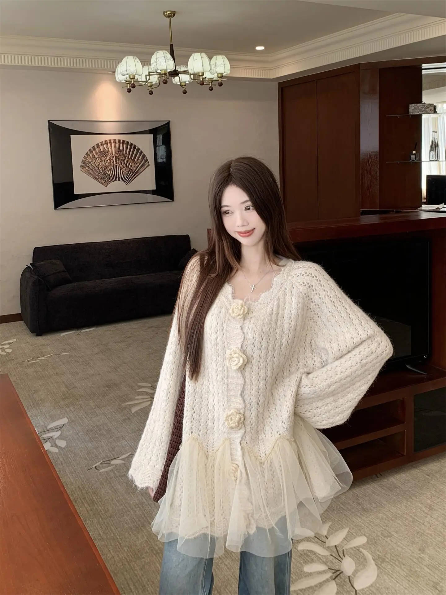 3D Floral Mesh Splicing Knitted Sweater Coat Women's Spring New Mid-Length Casual Top V-neck Long Sleeve Button Closure