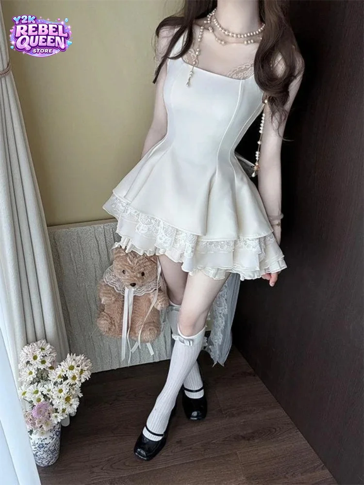 Abito Elegante di Lusso Francese da Donna, Vestito Slim in Pizzo con Fiocco Staccabile, Gonna a Palloncino Senza Maniche, Outfit Estivo Chic Coquette per Feste