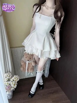 Abito Elegante di Lusso Francese da Donna, Vestito Slim in Pizzo con Fiocco Staccabile, Gonna a Palloncino Senza Maniche, Outfit Estivo Chic Coquette per Feste
