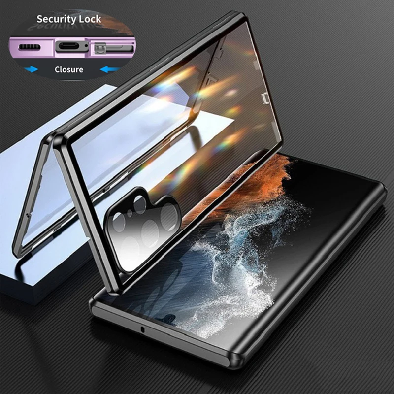 thumbnail image 1 of Funda de vidrio de doble cara de Metal con cierre a presión, protección completa 360 para Samsung Galaxy S24, S23, S22 Ultra, S23FE 23 +, cubierta de protección de lente, 1 of 5