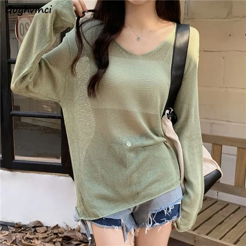 

3 Colors Sunscreen Pullovers Women Baggy Leisure Solid Minimalist Sheer Sexy Long-sleeve Hollow Out Ulzzang Street Gentle Trendy