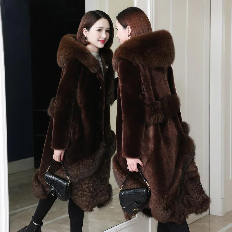 2023 Winter New Mink-like Coat Middle-Aged Women Long Below The Knee Lamb Wool Fur Outcoat Female Fashion Hooded Warm Outwear