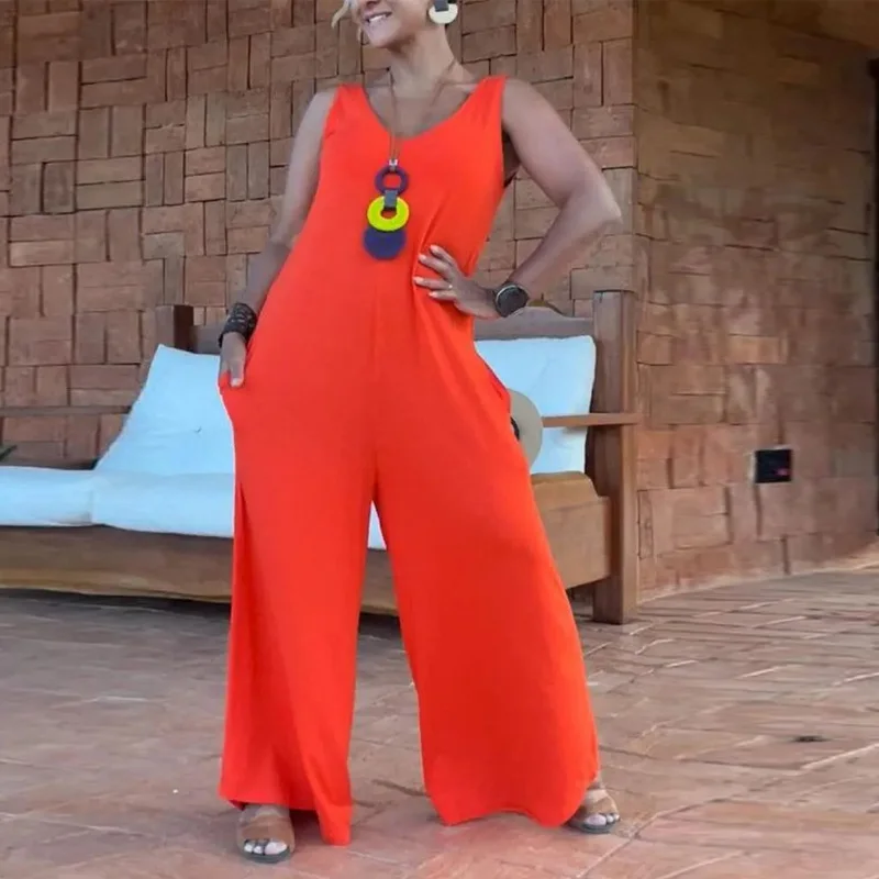 

Casual Summer Sleeveless Tank Bodysuit Female V-neck Pocket Solid Loose Playsuits Retro Office Hollow Wide Leg Jumpsuit Overalls
