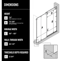 Adjustable Frameless Sliding Shower Door with Clear Tempered Glass, Matte Gold, 56-60 in. W x 74 in. H,  Shower Door 2