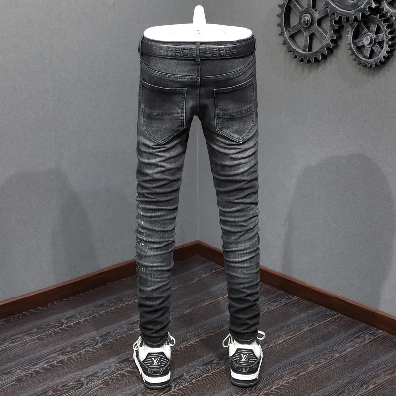High Street Fashion Men Jeans Retro Black Gray Stretch Skinny Fit Painted Ripped Jeans Men Beading Designer Hip Hop Brand Pants