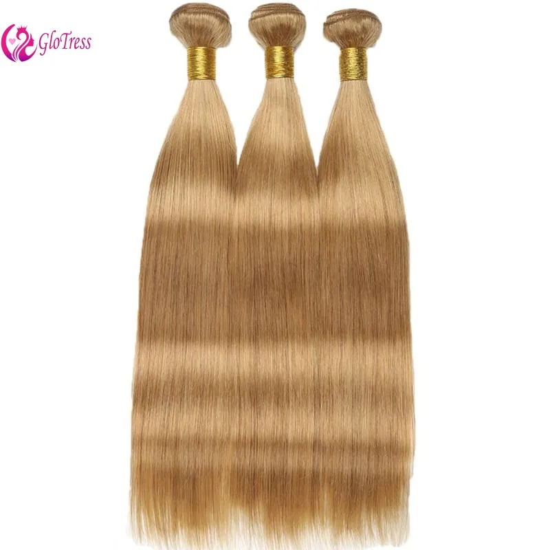 Human Hair Extensions #27 Straight Human Hair Bundles 3 Bundles 8-26 Inch 100g/Bundle Brazilian Virgin Honey Blonde Weave