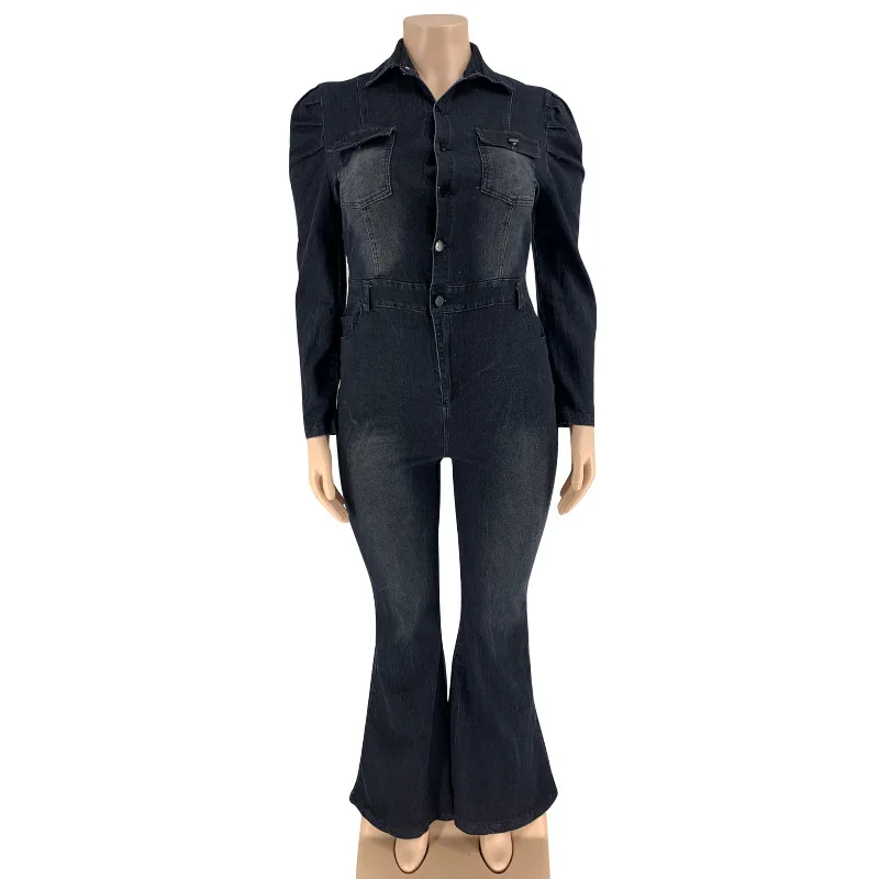 Plus Size Women Jean Jumpsuits Solid V Neck Button One Piece Outfit Autumn Fashion Denim Jumpsuit Female 2023 Spring Flare Pants