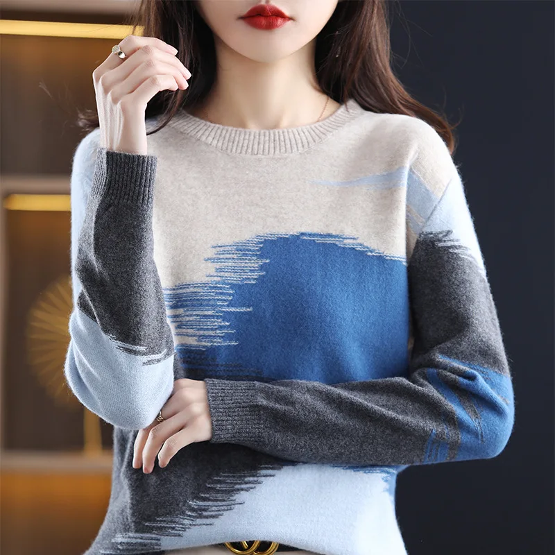 

Female Jumper Round Neck Contrasting Color Sweater For Women Autumn Winter New Korean Version Knit Shirt Loose Pullovers Tops